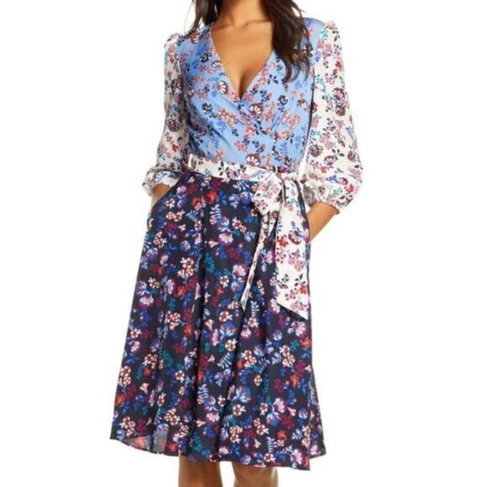 1901 NWT Colorblock Floral Faux Wrap Dress US 10/ MEDIUM
